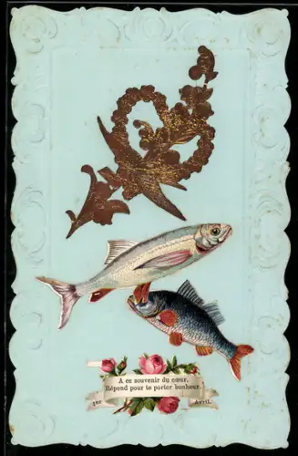 Oblaten-AK Fische und Schwalbe mit Brief, 1er Avril