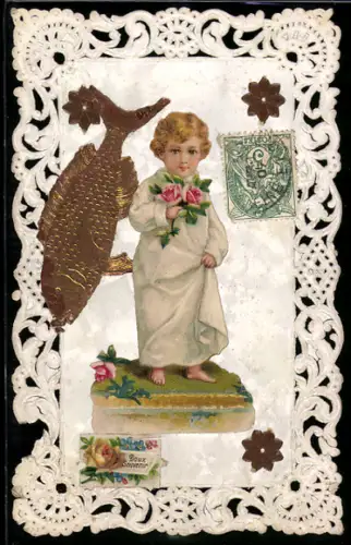Oblaten-AK Kind mit Rosen und Fisch