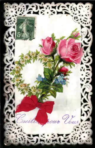 Oblaten-AK Rosen und Vergissmeinnicht mit Schleife