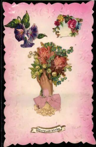 Oblaten-AK Hand mit Blumenstrauss und Schleife
