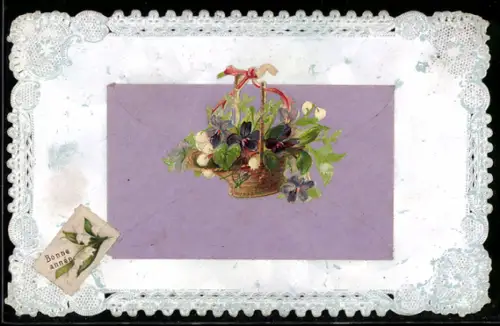 Oblaten-AK Blumenkorb auf einem Umschlag