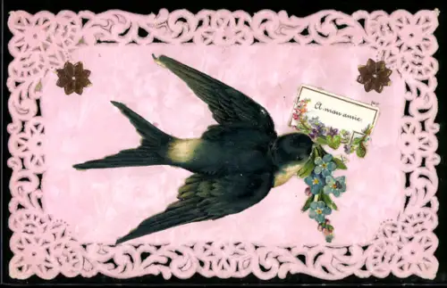Oblaten-AK Schwalbe mit Vergissmeinnicht im Schnabel
