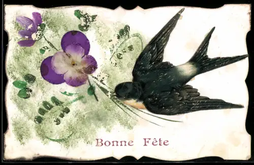 Oblaten-AK Schwalbe mit lilaner Blume im Schnabel