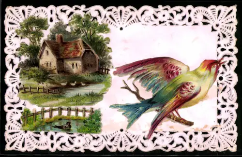Oblaten-AK Idyllisches Haus am Fluss, Bunter Vogel