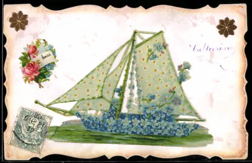 Oblaten-AK Segelboot aus Vergissmeinnicht