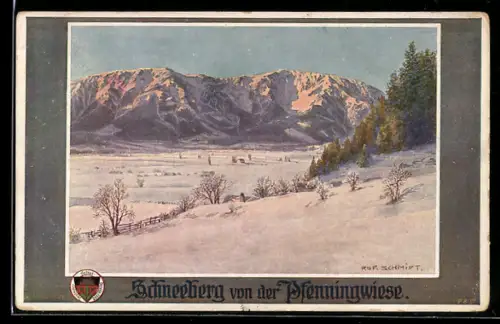 Künstler-AK Schneeberg, Ortsansicht von der Pfenningwiese, Deutscher Schulverein