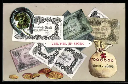 AK niederländische Geldscheine u. Geldstücke, Gulden, Geldsack, Hufeisen, Kleeblatt