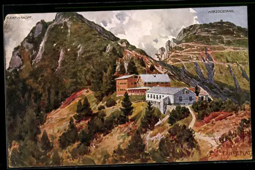 Künstler-AK Ernst Platz: Berghütte Herzogstand-Haus gegen Martinskopf und Herzogstand