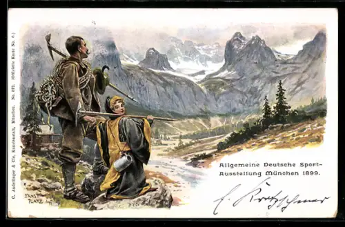Künstler-AK Ernst Platz: München, Allgemeine Deutsche Sport-Ausstellung 1899, Münchner Kindl, Bergsteiger