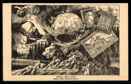 AK Bern, Motiv des Weltpostvereins-Denkmal, mit Briefmarken, Ausstellung