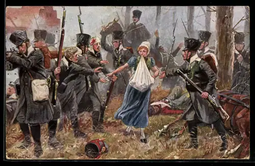 Künstler-AK Richard Knoetel: Deutsche Frauen, deutsche Treue, Johanna Stegen versorgt Kämpfer mit Patronen