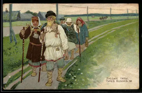AK Types Russes, russische Bauern in Trachtenkleidung auf der Landstrasse