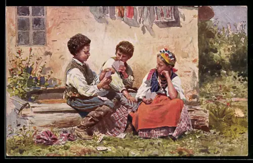 Künstler-AK sign. V. Makowsky: Aller Anfang ist schwer, Kinder beim Kartenspiel
