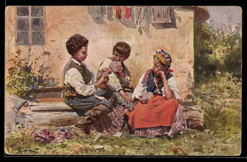 Künstler-AK sign. V. Makowsky: Aller Anfang ist schwer, Kinder beim Kartenspiel