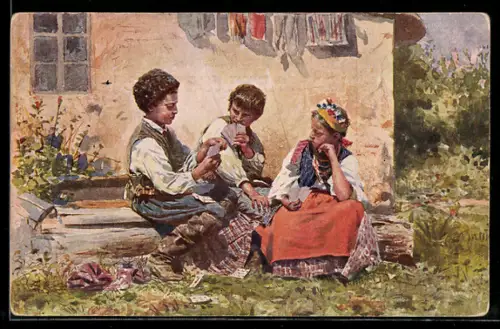 Künstler-AK sign. V. Makowsky: Aller Anfang ist schwer, Kinder beim Kartenspiel