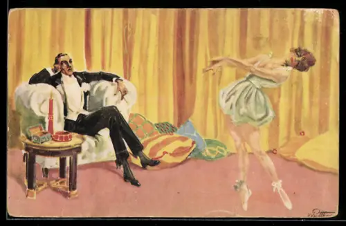 Künstler-AK von Puttkammer: Junge Frau tanzt Ballettsolo für einen Herrn