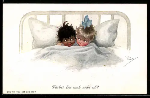 Künstler-AK Chicky Spark: Färbst du auch nicht ab?, Mädchen verschiedener Hautfarbe in einem Bett liegend