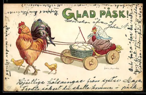 Künstler-AK sign. Jenny Nyström: Stolzer Hahn zieht seine Henne auf einer Kutsche durchs Land