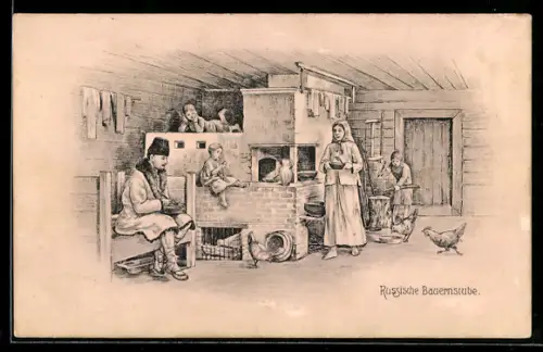 AK Russische Familie wärmt sich am Ofen in der Bauernstube