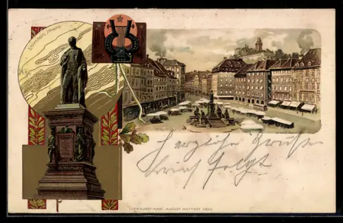 Lithographie Graz, 6. deutsches Sängerbundesfest, Hauptplatz, Erzherzog Johann Denkmal