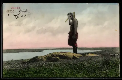 AK Afrikanischer Jäger mit erlegtem Krokodil