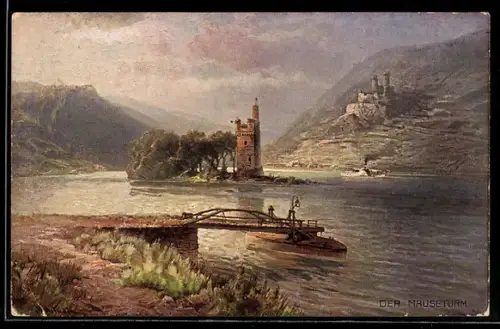 AK Burg Ehrenfels, Ruine der Burg und Mäuseturm im Rhein