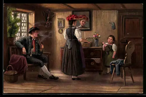 AK Schwarzwälder Bauernstube, junge Familie in Tracht