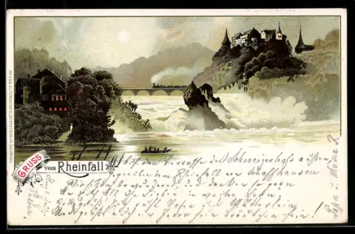 Lithographie Schaffhausen, Partie am Rheinfall, Eisenbahn