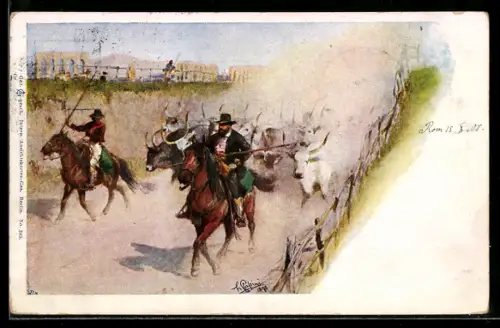 AK Viehtreiber treiben Ochsen durch die Ortschaft