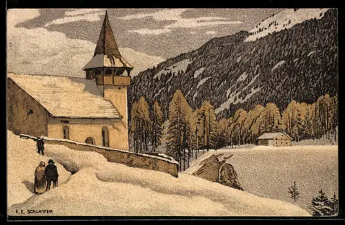 Künstler-AK Ernst E. Schlatter: Bergkirchlein im Winter