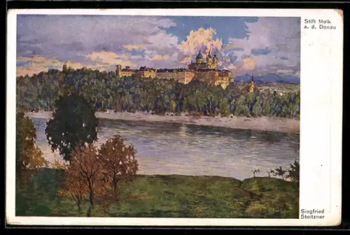 Künstler-AK Siegfried Stoitzner: Melk a. d. Donau, Blick über den Fluss zum Stift