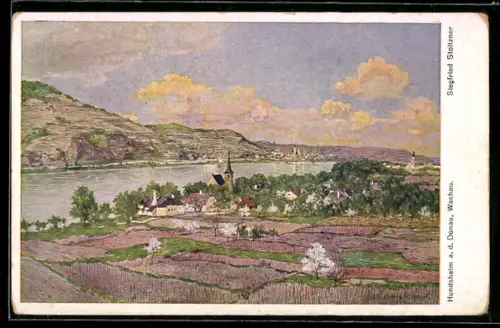 AK Hundsheim, Ortsansicht mit kleiner Kirche und der Donau