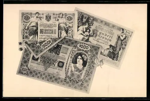 AK Geldscheine zu 50, 100 und 1000 Kronen