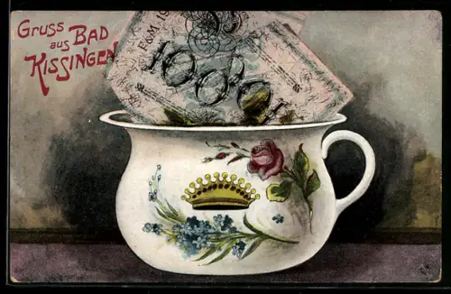 Künstler-AK Bad Kissingen, Nachttopf mit Geldscheinen