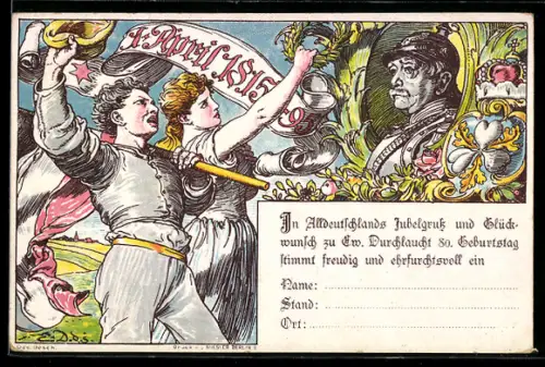 AK zum 80. Geburtstag von Bismarck, Jubelgruss mit Portrait