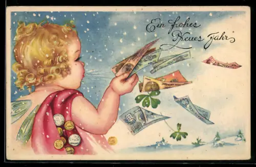 AK Kleine Elfe mit Geldscheinen bei Schneefall