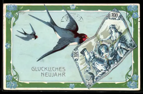 AK Schwalbe hält Reichsbanknote über 100 Mark im Schnabel, Glückwünsche zum Geburtstag