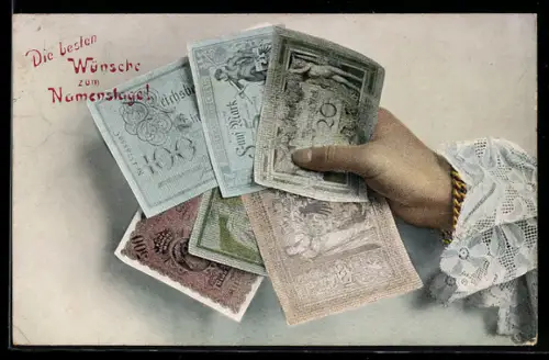 AK Hand hält sechs Geldscheine über 5 bis 1000 Mark, Geld