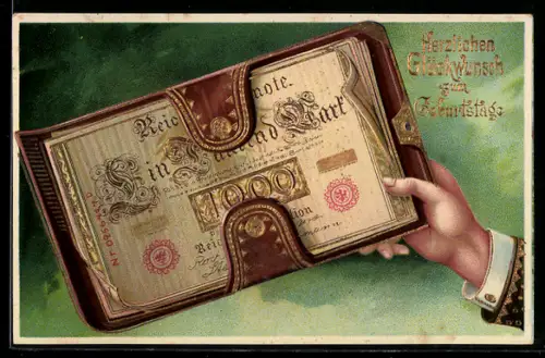 AK Hand hält Geldbörse mit Tausendmarkschein, Geburtstagsgruss