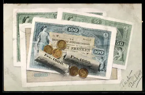 AK Geldscheine der Thurgauischen Hypothekenbank und Münzen