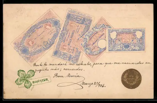 AK Vier Geldscheine Frankreich, 50 bis 1000 Franc