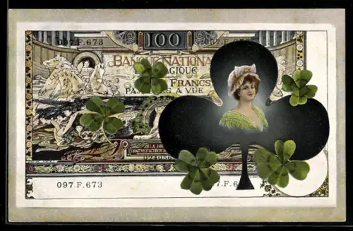 AK Belgischer Geldschein mit Damenporträt und Kleeblättern