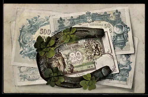 AK Geldscheine, Hufeisen u. Glücksklee