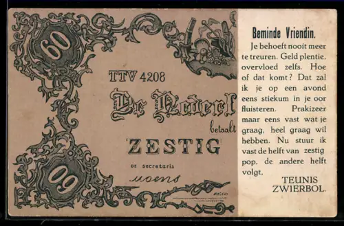 AK Lieve Vriendin!, De Nederlandsche Bank betaalt 60 Gulden..., Klaasje Zevenster