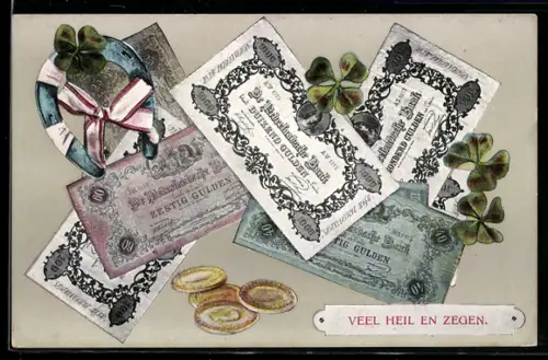 AK Niederländische Banknoten und Münzen, Kleeblatt mit Hufeisen