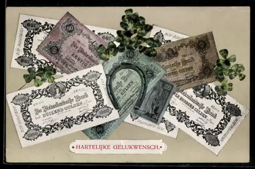 AK Niederländische Banknoten, Geldscheine mit Hufeisen und Kleeblättern