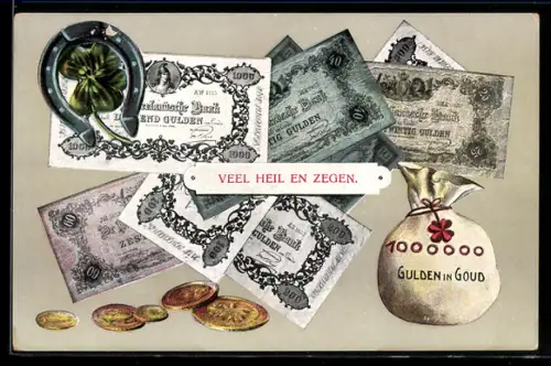 AK Sack voller Geld, niederländische Banknoten und Münzen, Kleeblatt mit Hufeisen