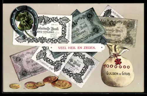 AK Sack voller Geld, niederländische Banknoten und Münzen, Kleeblatt mit Hufeisen