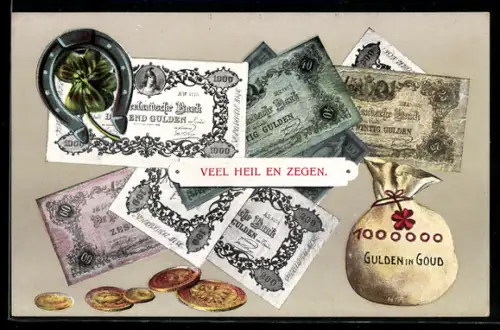AK niederländische Geldscheine u. Geldstücke, Gulden, Geldsack, Hufeisen, Kleeblatt