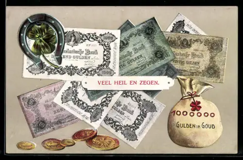 AK niederländische Geldscheine u. Geldstücke, Gulden, Geldsack, Hufeisen, Kleeblatt